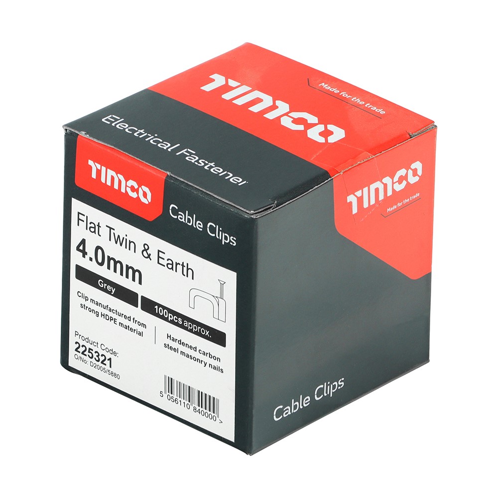 TIMCO Flat Twin & Earth Cable Clips - Grey to Fit 4.0mm (100 Pack)