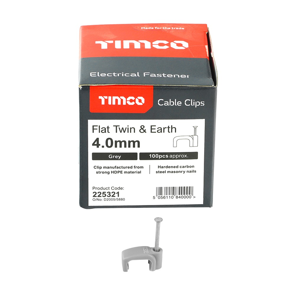 TIMCO Flat Twin & Earth Cable Clips - Grey to Fit 4.0mm (100 Pack)