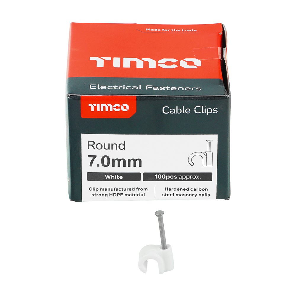 TIMCO Round Cable Clips - White to Fit 7.0mm (100 Pack)