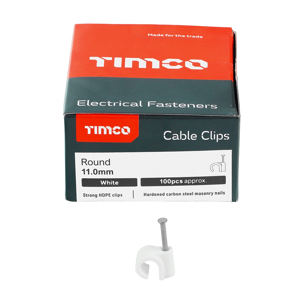 TIMCO Round Cable Clips - White to Fit 11.0mm (100 Pack)