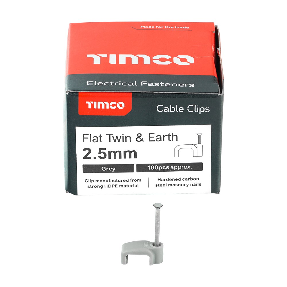 TIMCO Flat Twin & Earth Cable Clips - Grey to Fit 2.5mm (100 Pack)