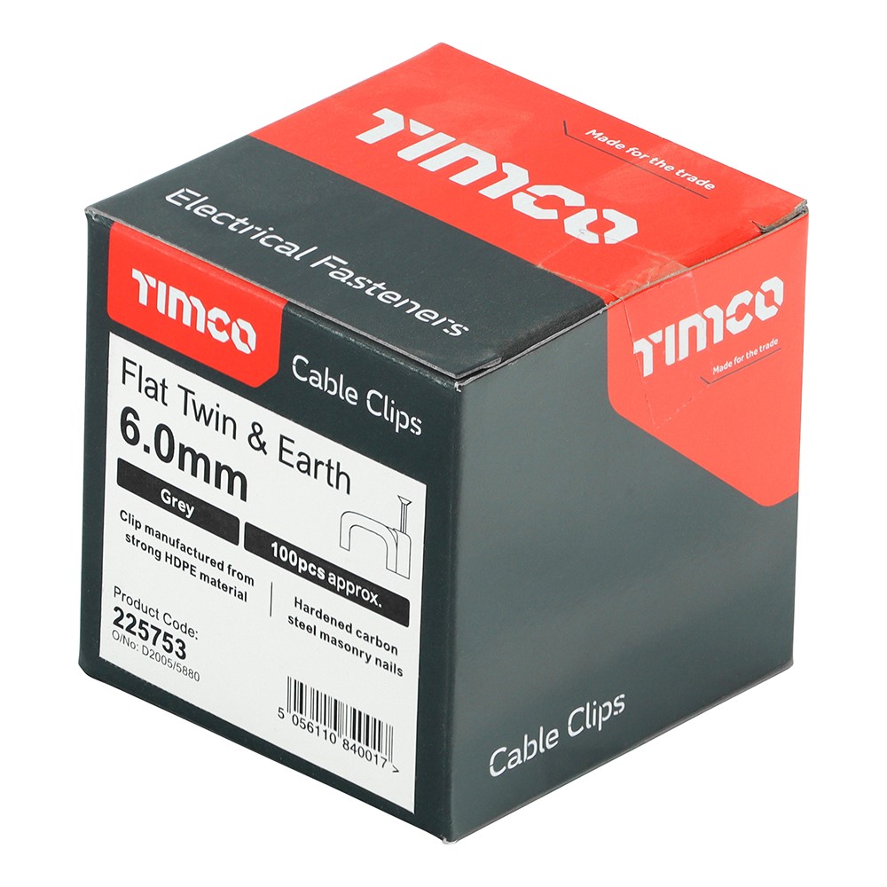 TIMCO Flat Twin & Earth Cable Clips - Grey to Fit 6.0mm (100 Pack)