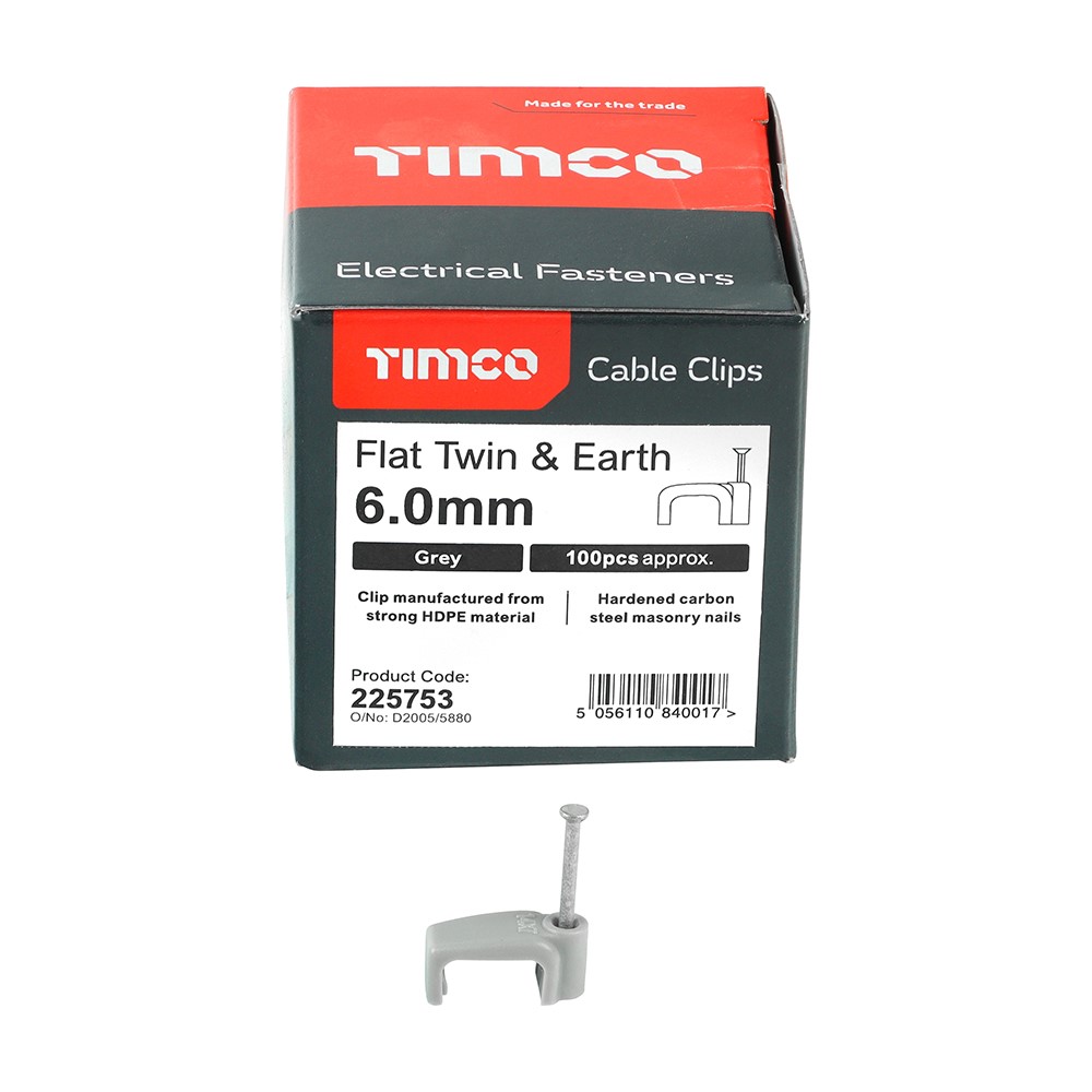 TIMCO Flat Twin & Earth Cable Clips - Grey to Fit 6.0mm (100 Pack)