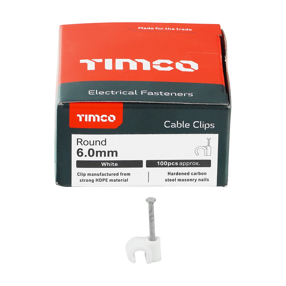 TIMCO Round Cable Clips - White to Fit 6.0mm (100 Pack)