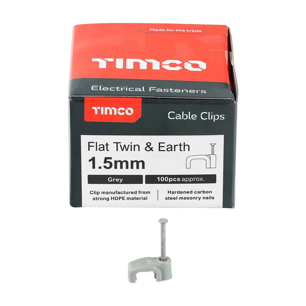 TIMCO Flat Twin & Earth Cable Clips - Grey to Fit 1.5mm (100 Pack)