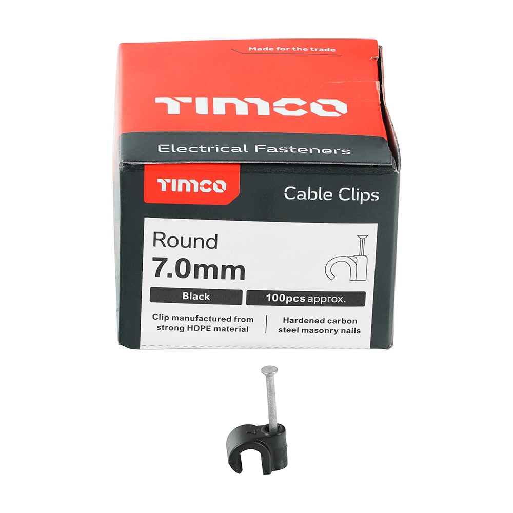 TIMCO Round Cable Clips - Black to Fit 7.0mm (100 Pack)