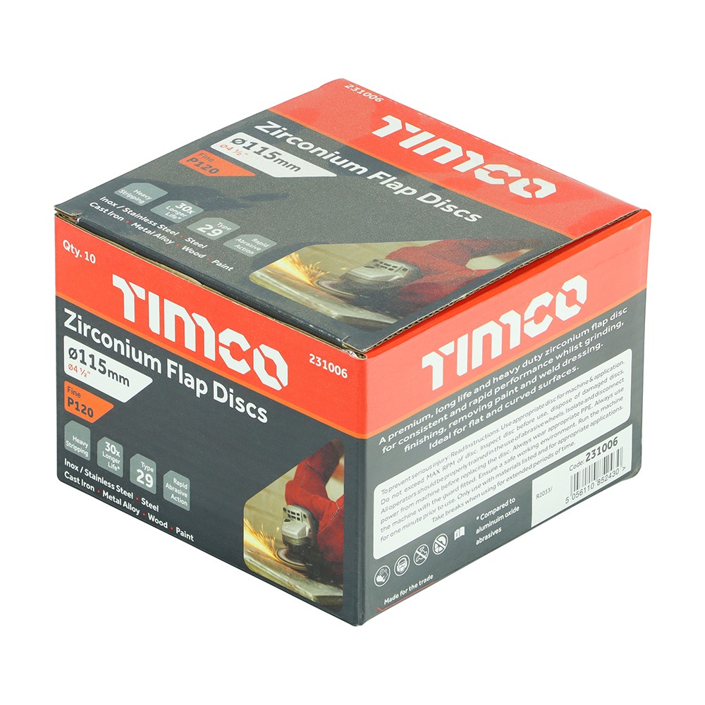 TIMCO Set of Flap Discs - Zirconium - Type 29 Conical - P120 Grit 115 x 22.23 (10 Pack)