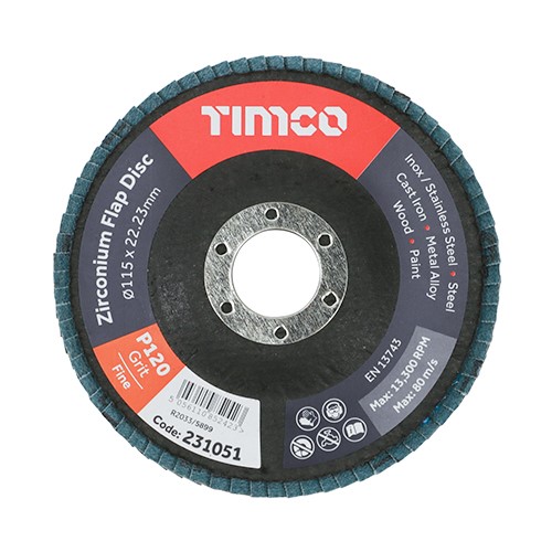 TIMCO Set of Flap Discs - Zirconium - Type 29 Conical - P120 Grit 115 x 22.23 (10 Pack)