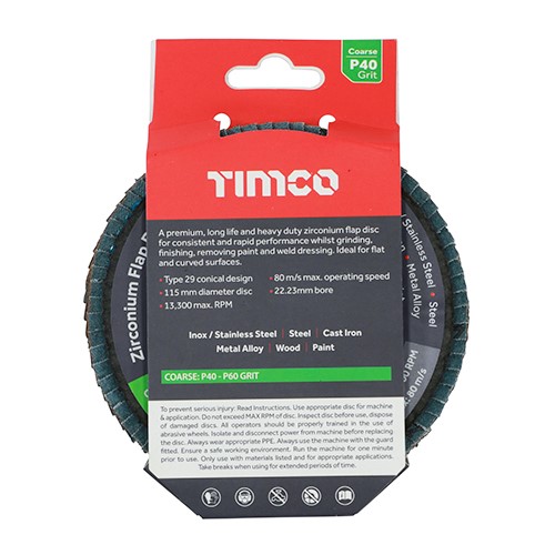 TIMCO Flap Disc - Zirconium - Type 29 Conical - P40 Grit 115 x 22.23