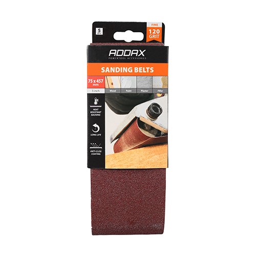 TIMCO Sanding Belts - 120 Grit - Red 75 x 457mm (5 Pack)