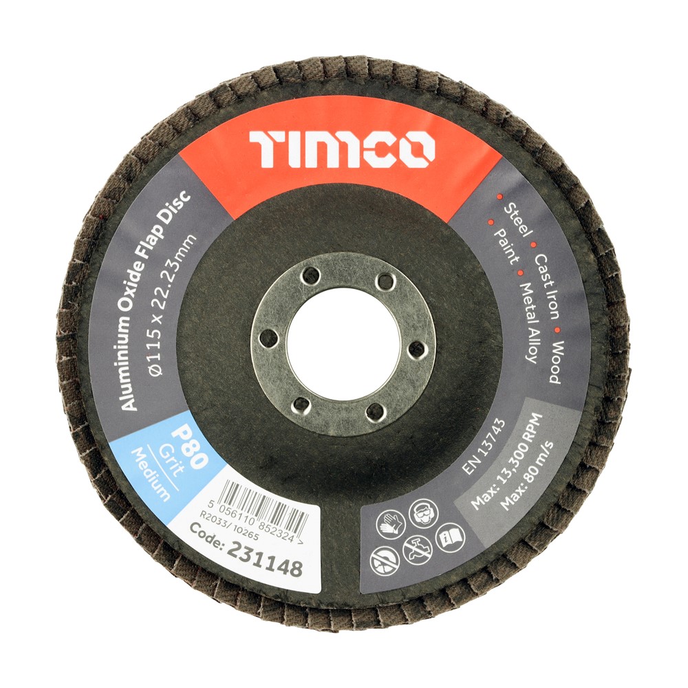 TIMCO Aluminium Oxide Flap Disc P80 Set 115 x 22.23mm (10 Pack)