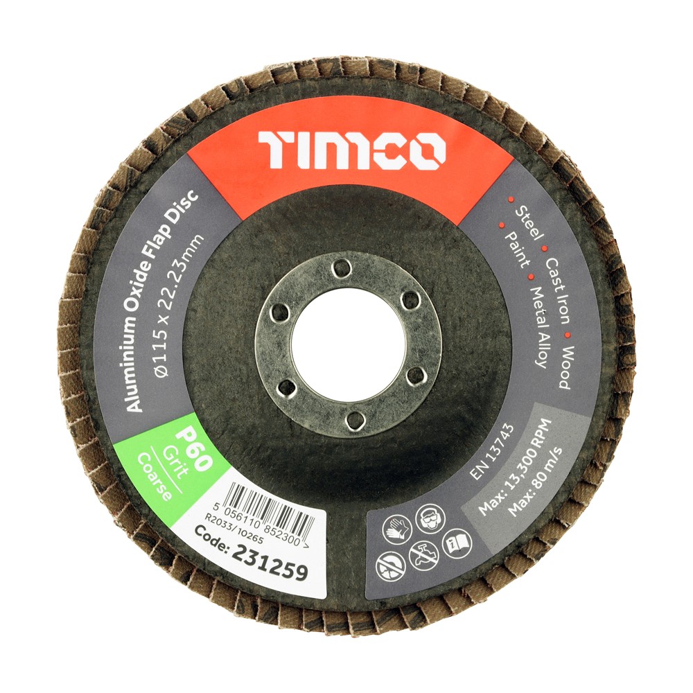 TIMCO Aluminium Oxide Flap Disc P60 Set 115 x 22.23mm (10 Pack)