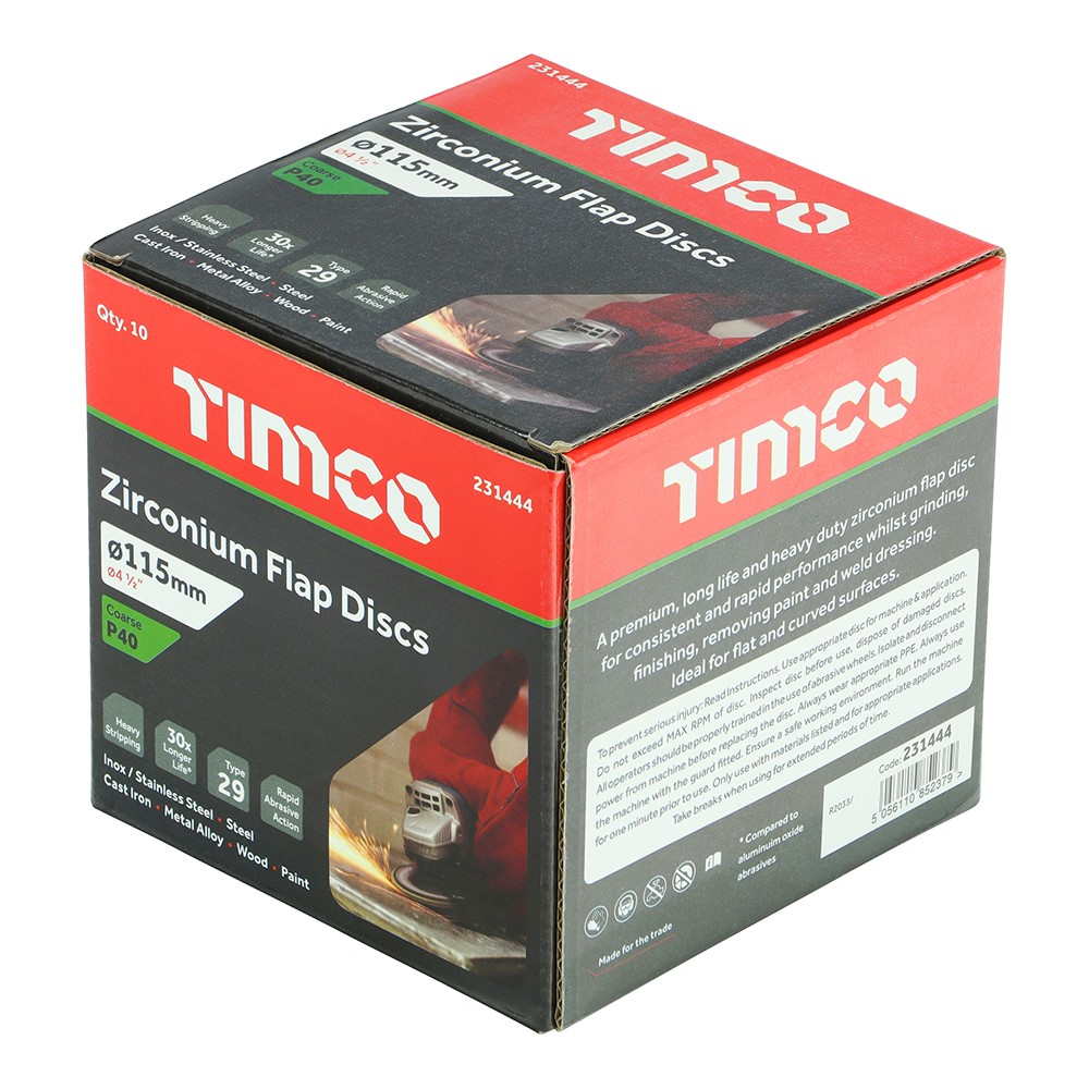 TIMCO Set of Flap Discs - Zirconium - Type 29 Conical - P40 Grit 115 x 22.23 (10 Pack)