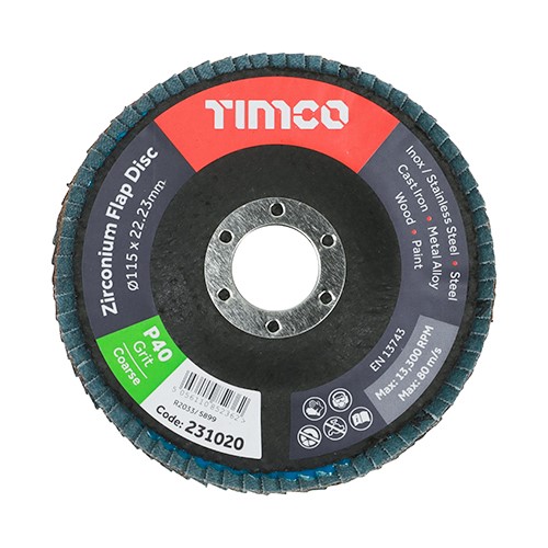 TIMCO Set of Flap Discs - Zirconium - Type 29 Conical - P40 Grit 115 x 22.23 (10 Pack)