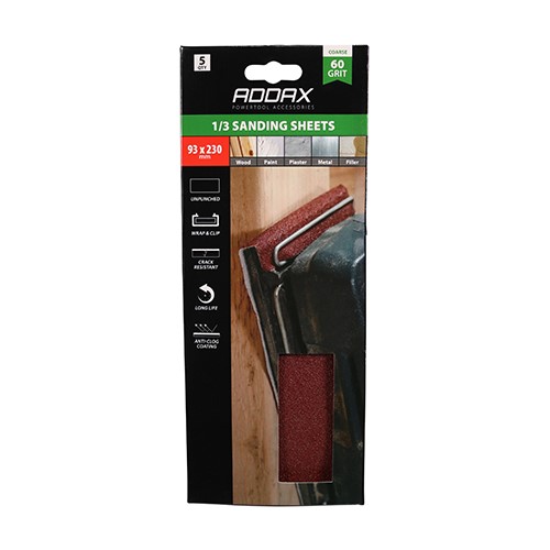 TIMCO 1/3 Sanding Sheets - 60 Grit - Red - Unpunched 93 x 230mm (5 Pack)