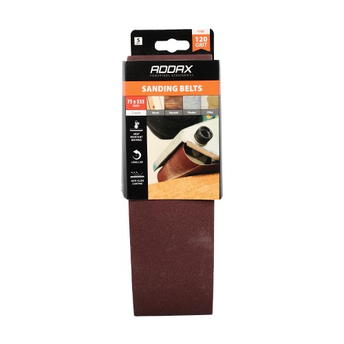 TIMCO Sanding Belts - 120 Grit - Red 75 x 533mm (5 Pack)