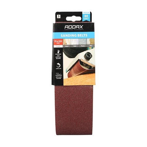 TIMCO Sanding Belts - 80 Grit - Red 75 x 533mm (5 Pack)