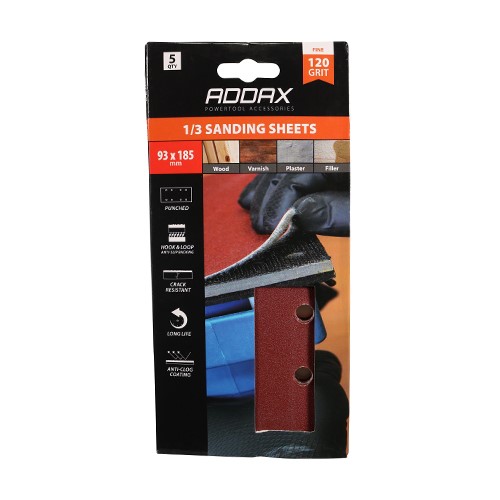 TIMCO 1/3 Sanding Sheets - 120 Grit - Red - Punched 93 x 185mm (5 Pack)