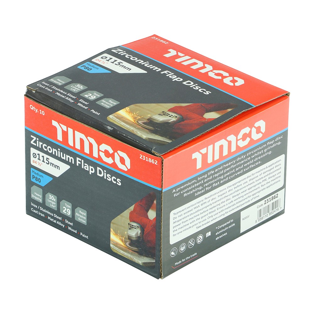 TIMCO Set of Flap Discs - Zirconium - Type 29 Conical - P80 Grit 115 x 22.23 (10 Pack)