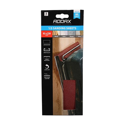 TIMCO 1/3 Sanding Sheets - 80 Grit - Red - Unpunched 93 x 230mm (5 Pack)