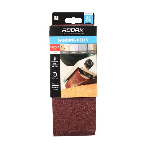 TIMCO Sanding Belts - 80 Grit - Red 75 x 457mm (5 Pack)