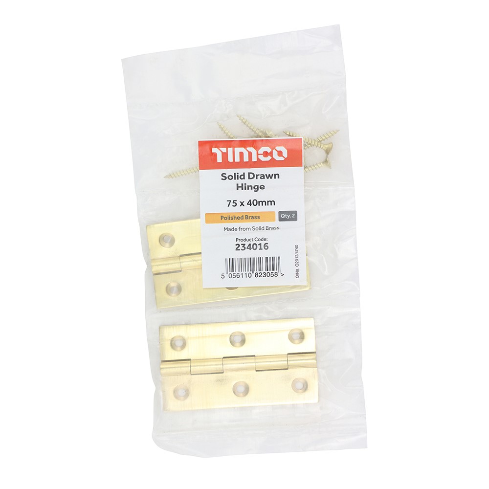 TIMCO Solid Drawn Hinge - Solid Brass - Polished Brass 75 x 40mm (2)