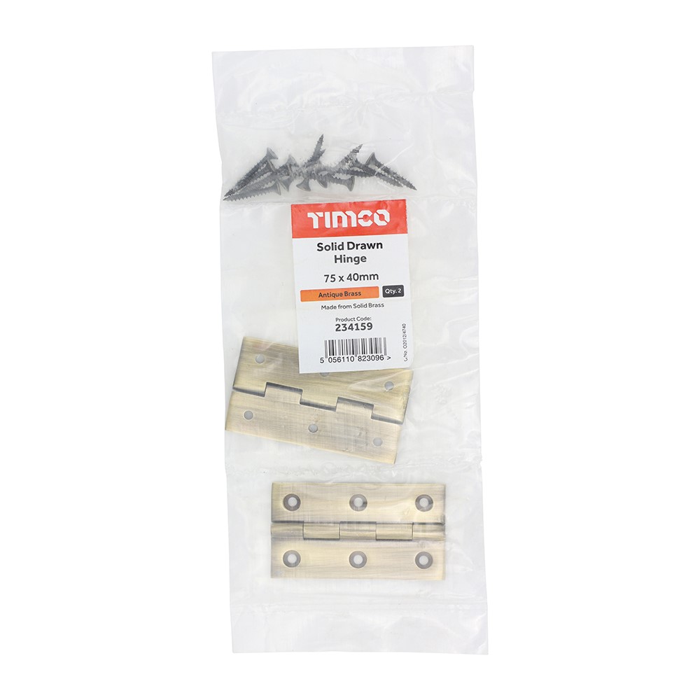 TIMCO Solid Drawn Hinge - Solid Brass - Antique Brass 75 x 40mm (2)