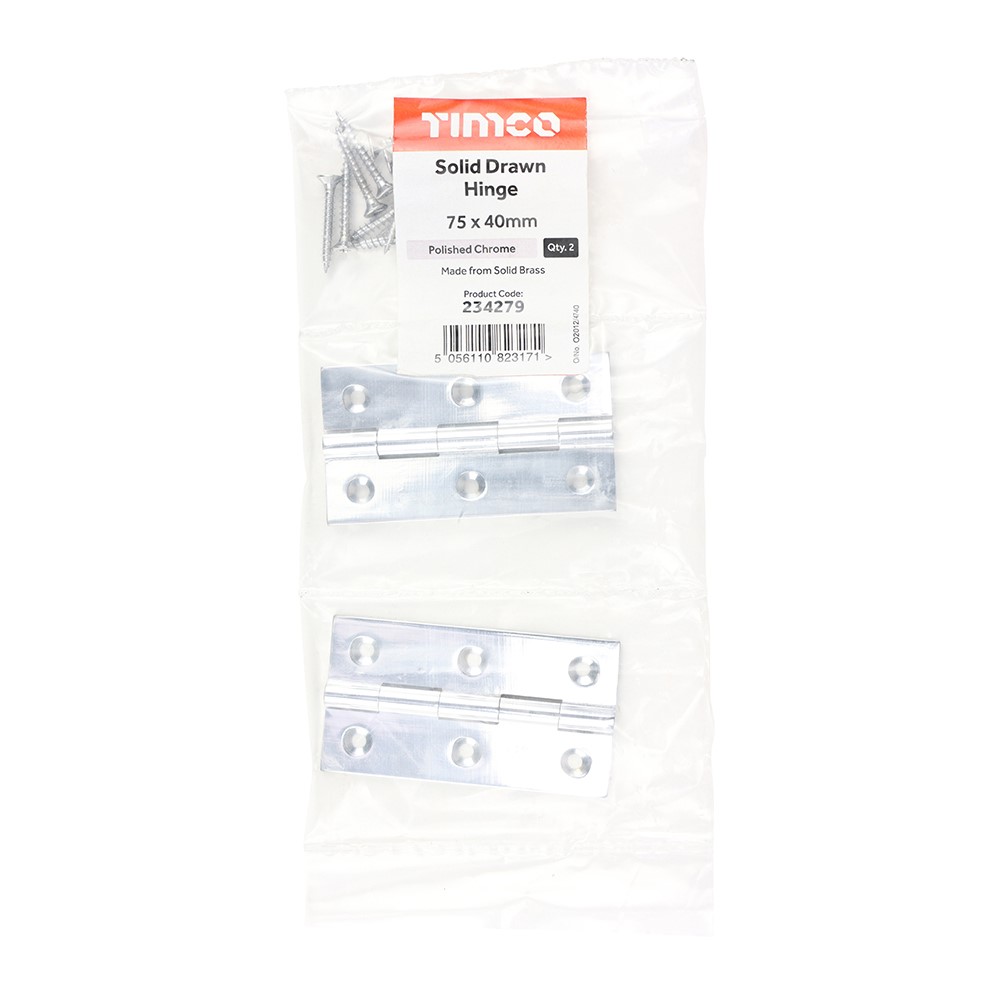 TIMCO Solid Drawn Hinge - Solid Brass - Polished Chrome 75 x 40mm (2)