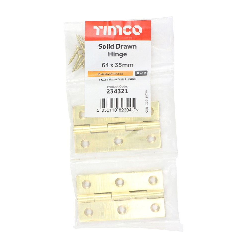 TIMCO Solid Drawn Hinge - Solid Brass - Polished Brass 64 x 35mm (2)