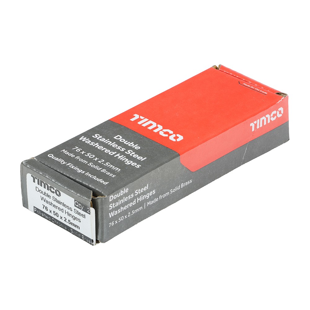 TIMCO Double Stainless Steel Washered Butt Hinge - Solid Brass - Polished Chrome 76 x 50mm (2 Pack)