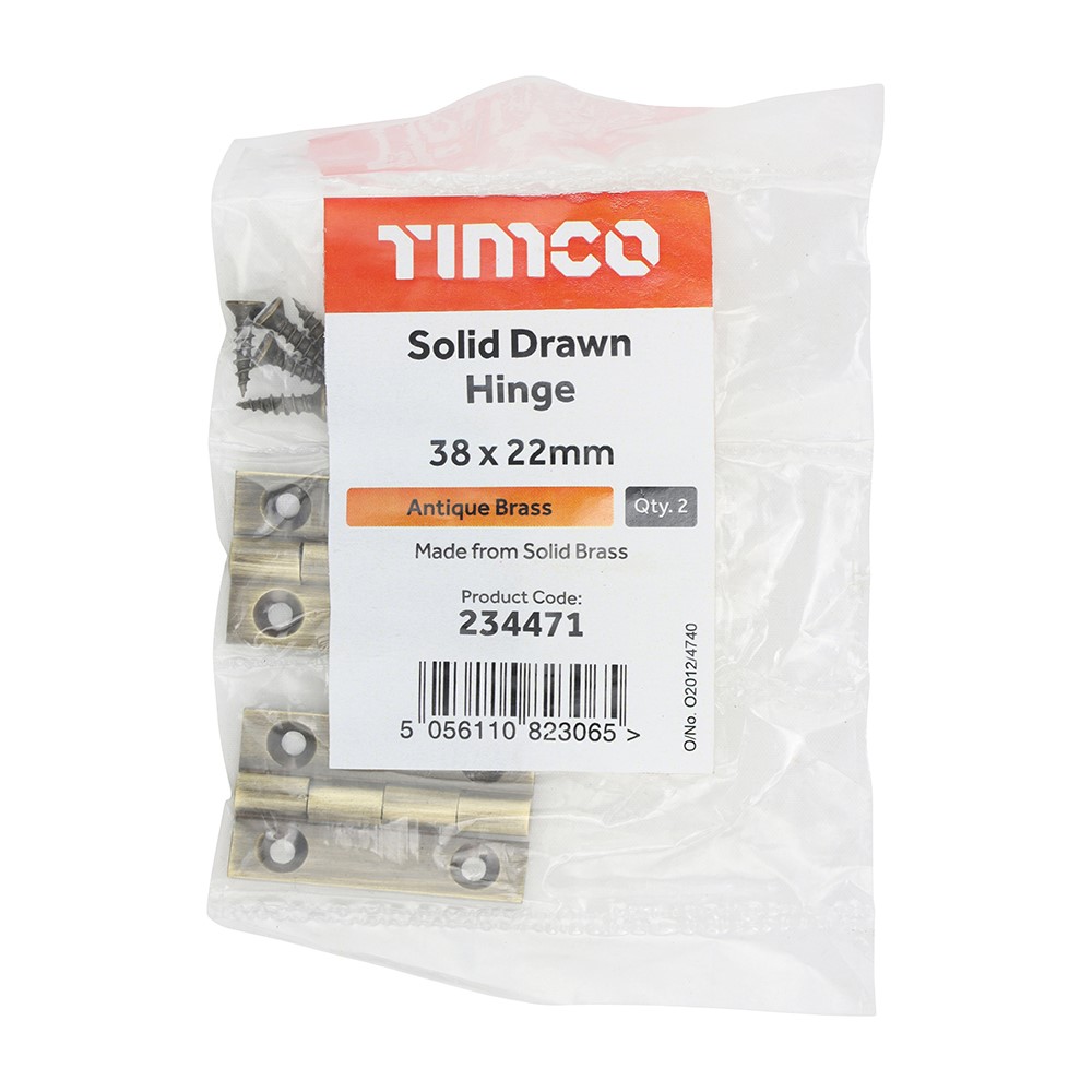 TIMCO Solid Drawn Hinge - Solid Brass - Antique Brass 38 x 22mm (2)