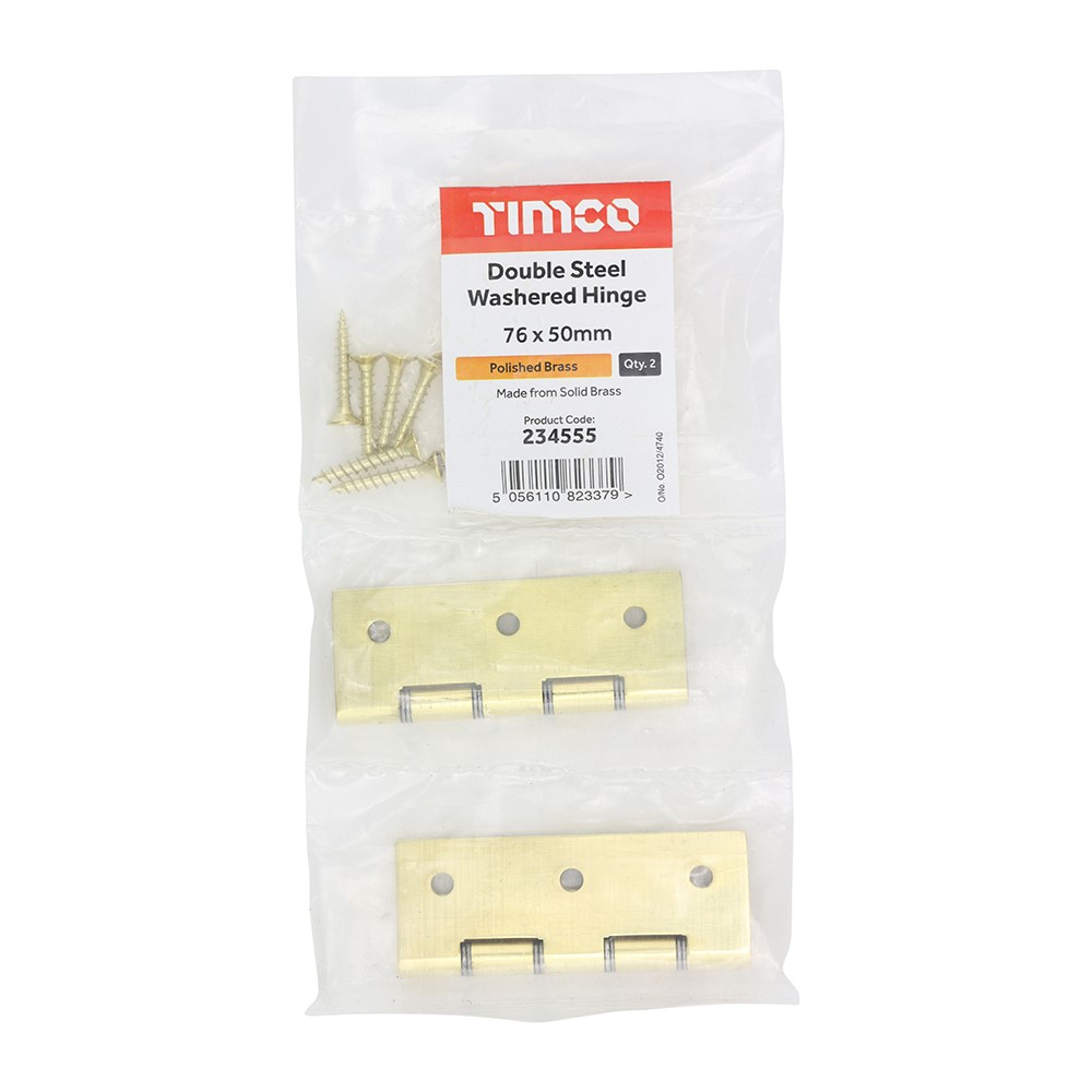 TIMCO Double Steel Washered Butt Hinge - Solid Brass - Polished Brass 76 x 50mm (2)