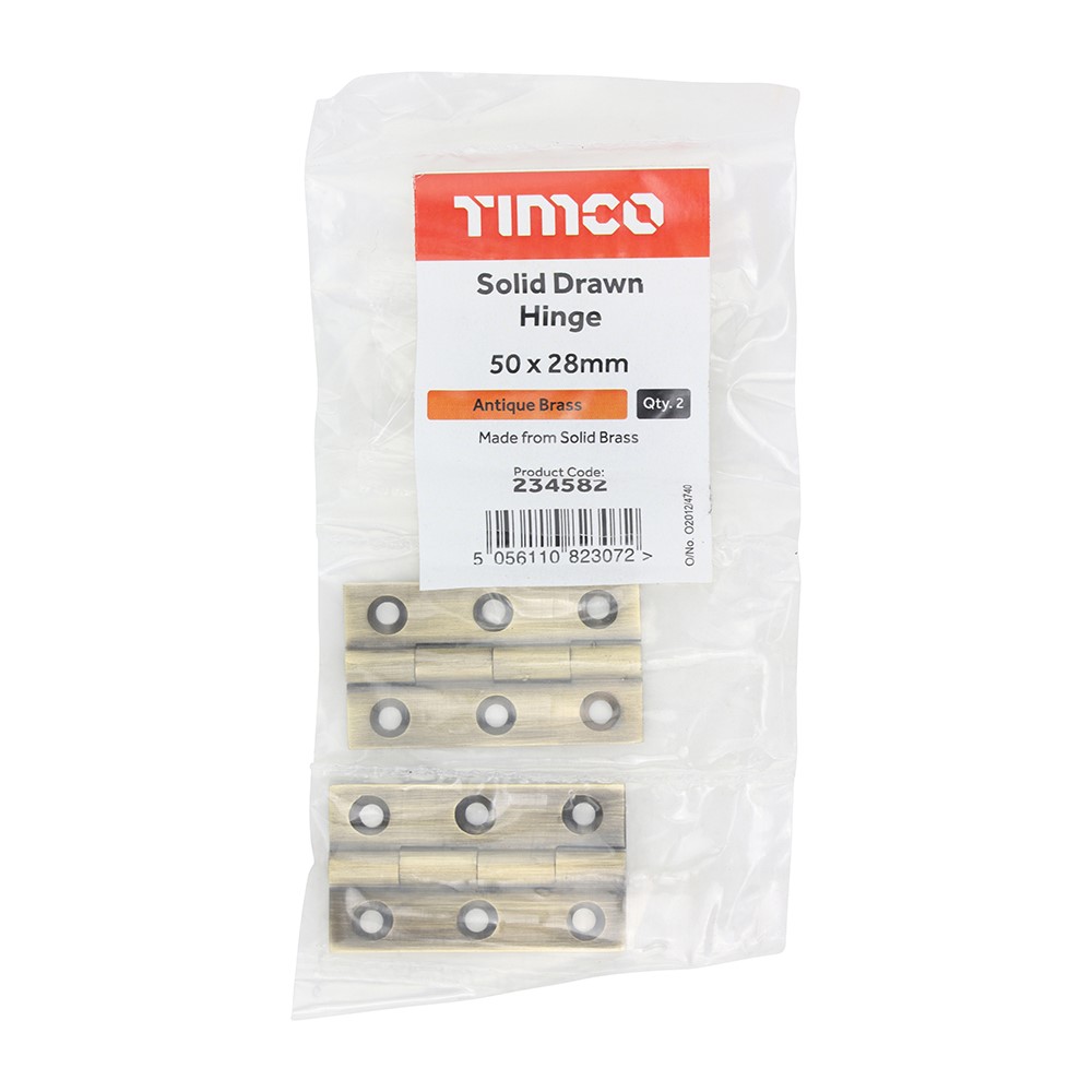 TIMCO Solid Drawn Hinge - Solid Brass - Antique Brass 50 x 28mm (2)