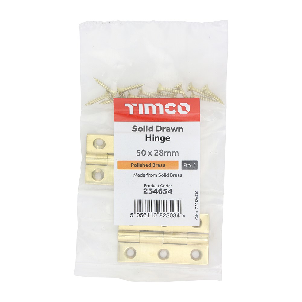 TIMCO Solid Drawn Hinge - Solid Brass - Polished Brass 50 x 28mm (2)