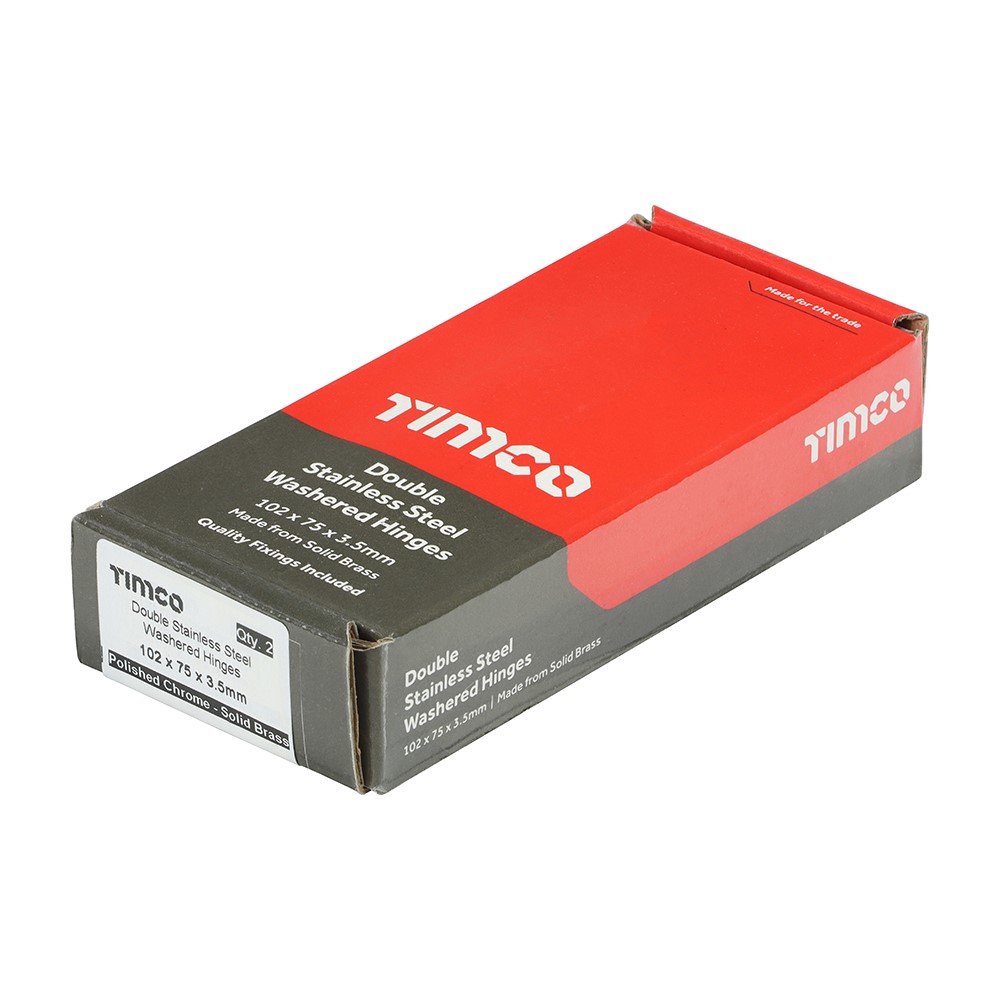 TIMCO Double Stainless Steel Washered Butt Hinge - Solid Brass - Polished Chrome 102 x 75mm (2 Pack)