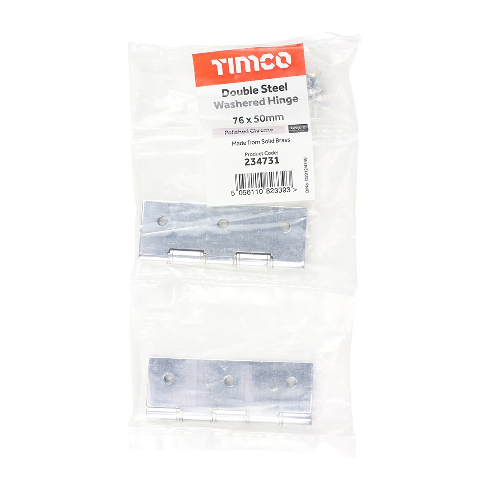 TIMCO Double Steel Washered Butt Hinge - Solid Brass - Polished Chrome 76 x 50mm (2)