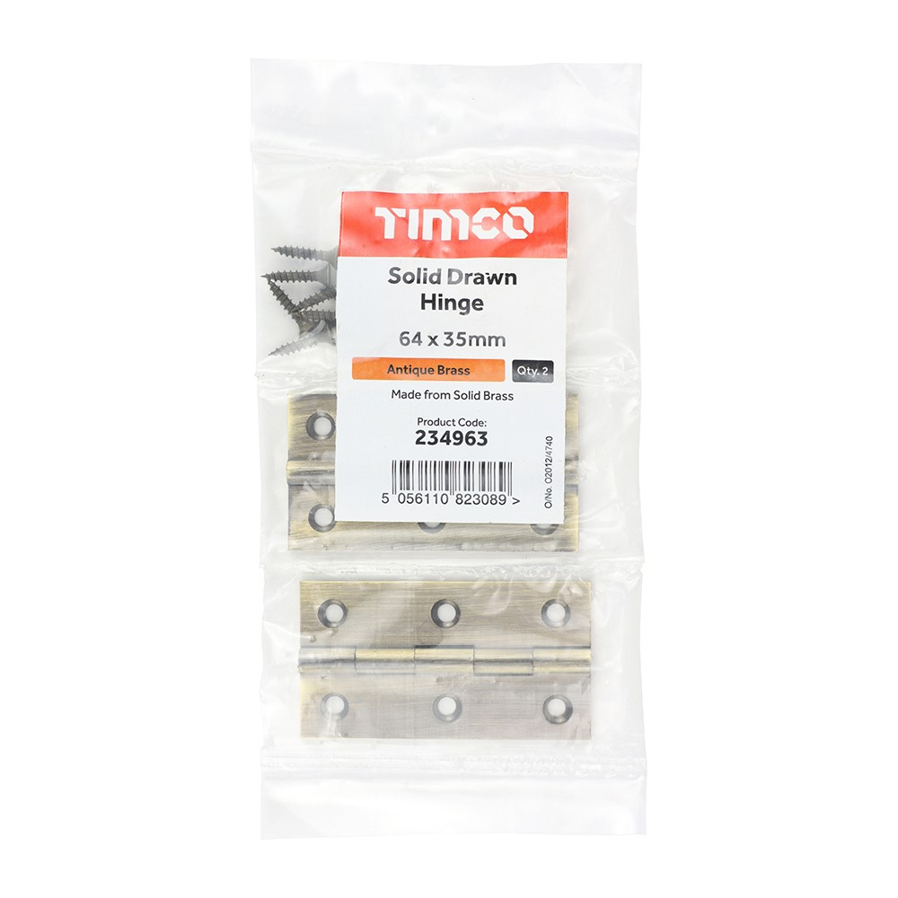 TIMCO Solid Drawn Hinge - Solid Brass - Antique Brass 64 x 35mm (2)