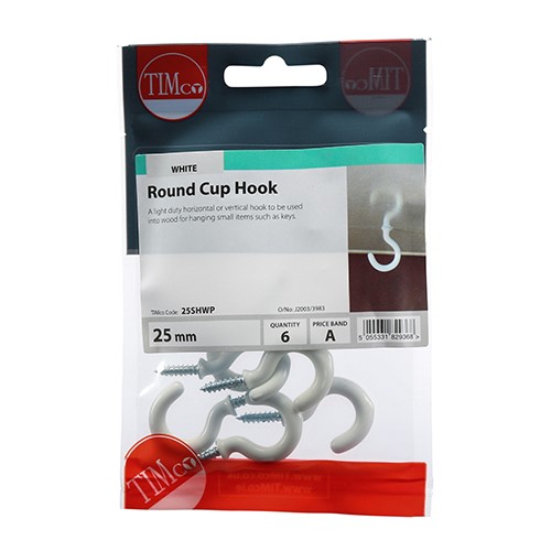 TIMCO Cup Hooks - Round - White 25mm (6)