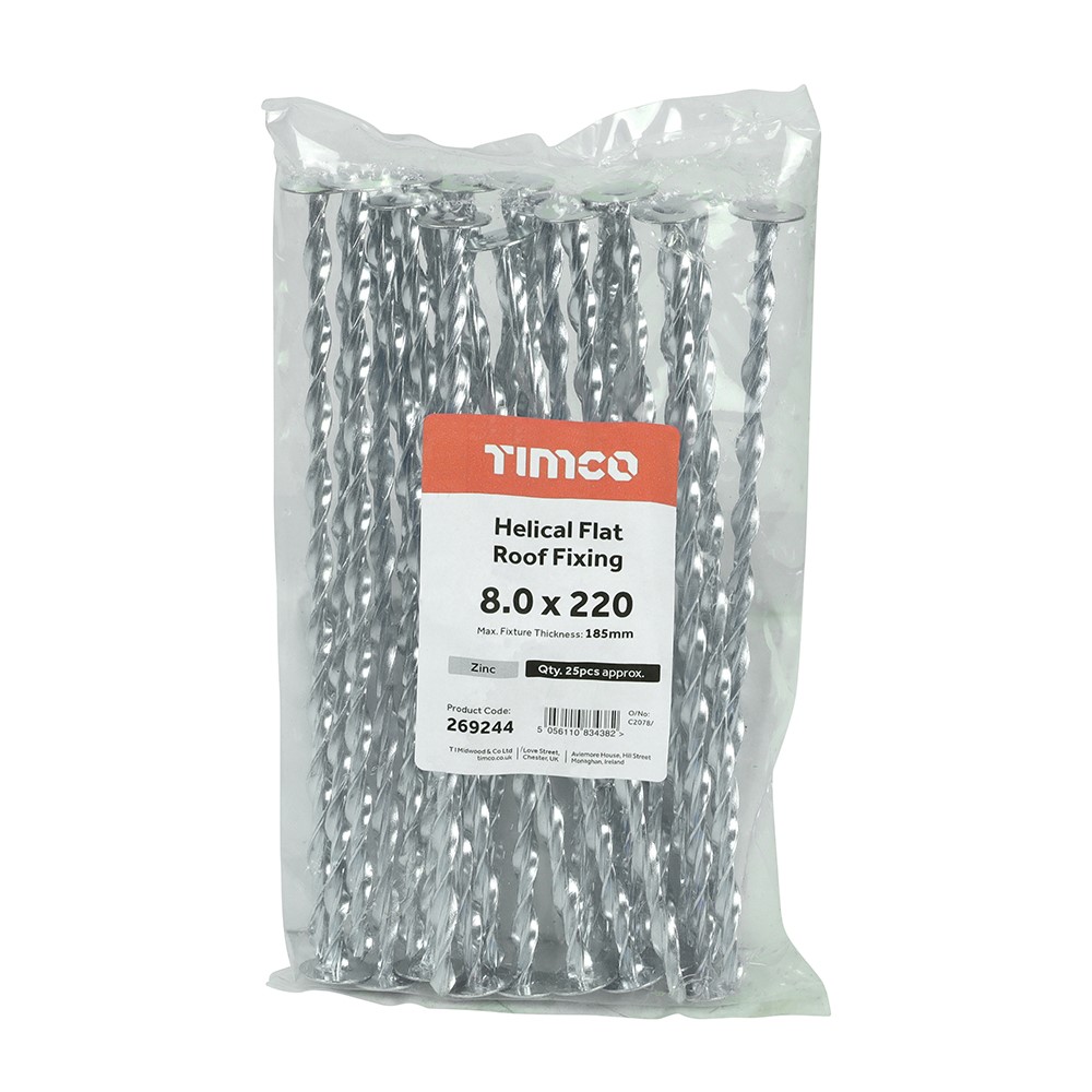 TIMCO Helical Flat Roof Fixing - Zinc 8.0 x 220mm (25 Bag)