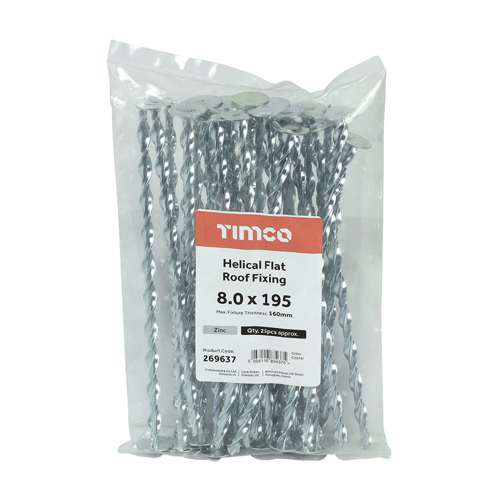 TIMCO Helical Flat Roof Fixing - Zinc 8.0 x 195mm (25 Bag)