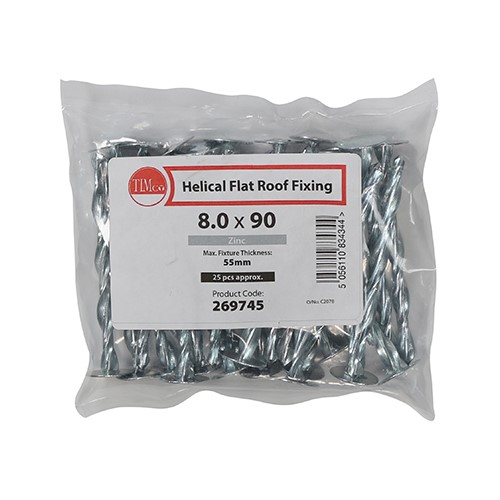 TIMCO Helical Flat Roof Fixing - Zinc 8.0 x 90mm (25 Bag)