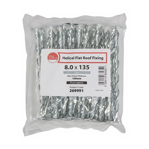 TIMCO Helical Flat Roof Fixing - Zinc 8.0 x 135mm (25 Bag)