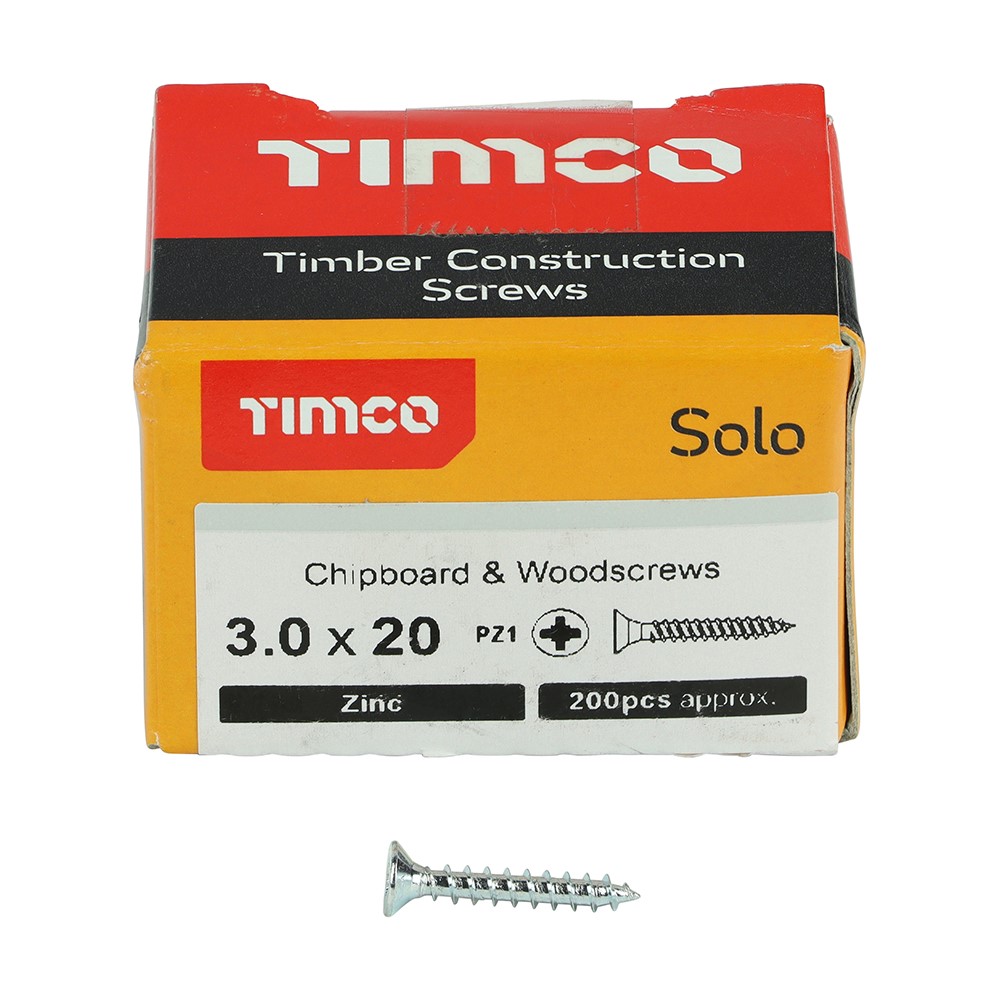 TIMCO Solo Woodscrews - PZ -Zinc 3.0 x 20mm (200 Pack)