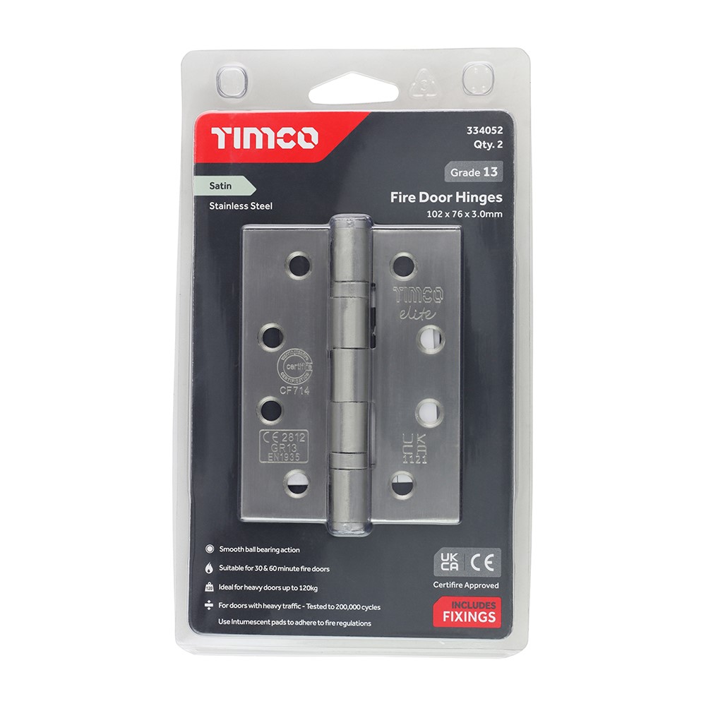 TIMCO Grade 13 Fire Door Hinges - Satin Stainless Steel 101 x 76 x 3mm (2 Pack)