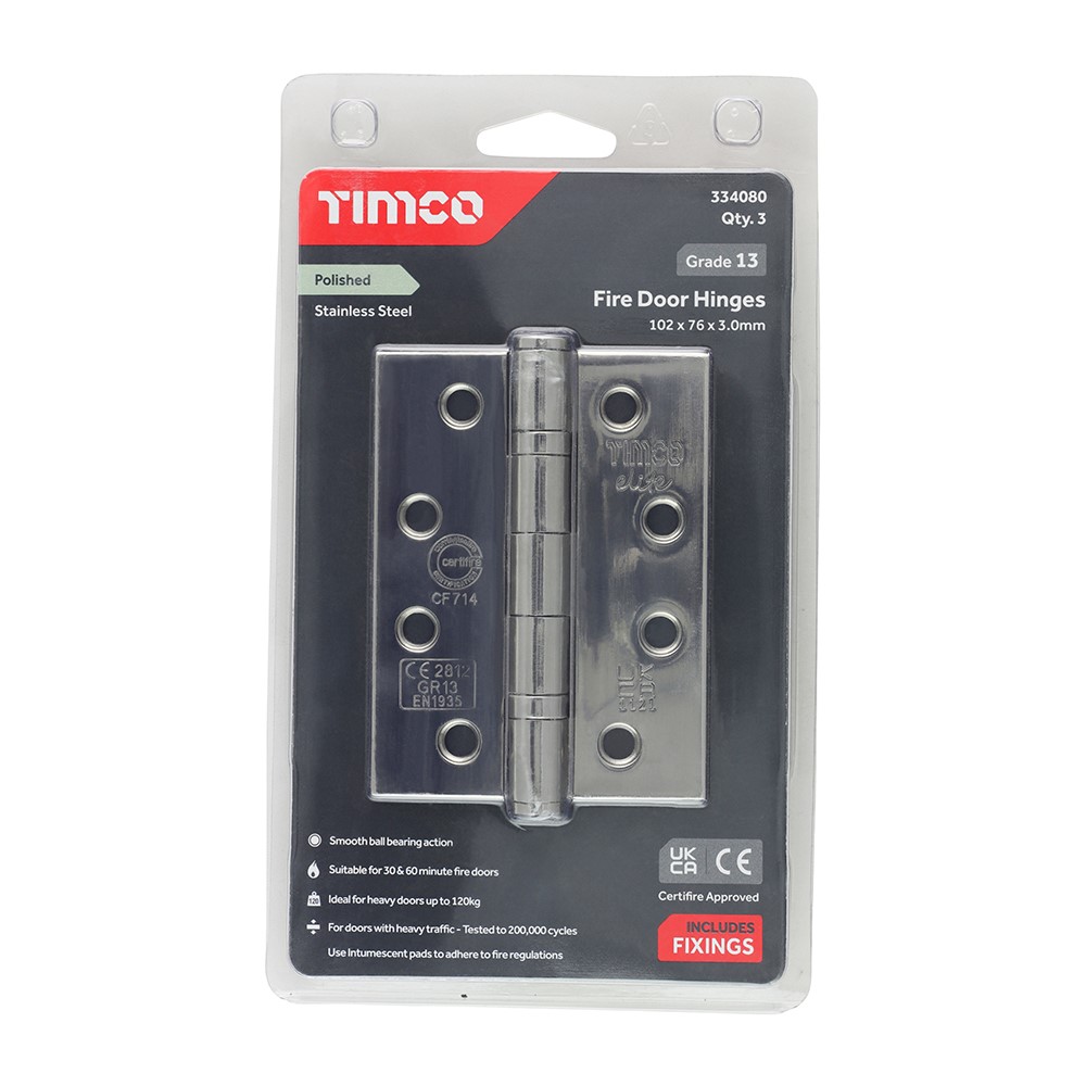 TIMCO Grade 13 Fire Door Hinges - Polished Stainless Steel 101 x 76 x 3mm (3 Pack)