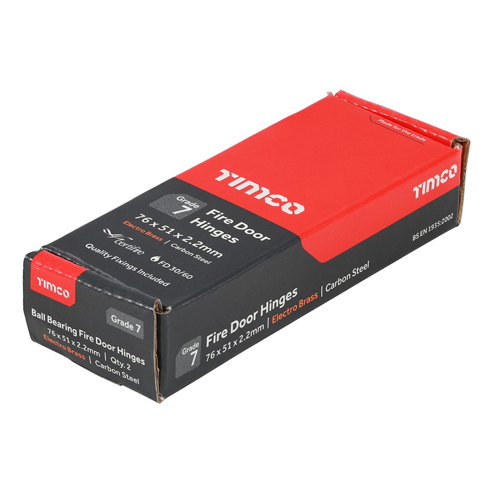 TIMCO Grade 7 Fire Door Hinges - Electro Brass 76 x 51 x 2.2mm (2 Pack)