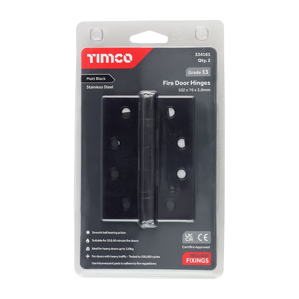 TIMCO Grade 13 Fire Door Hinges - Matt Black Stainless Steel 101 x 76 x 3mm (2 Pack)