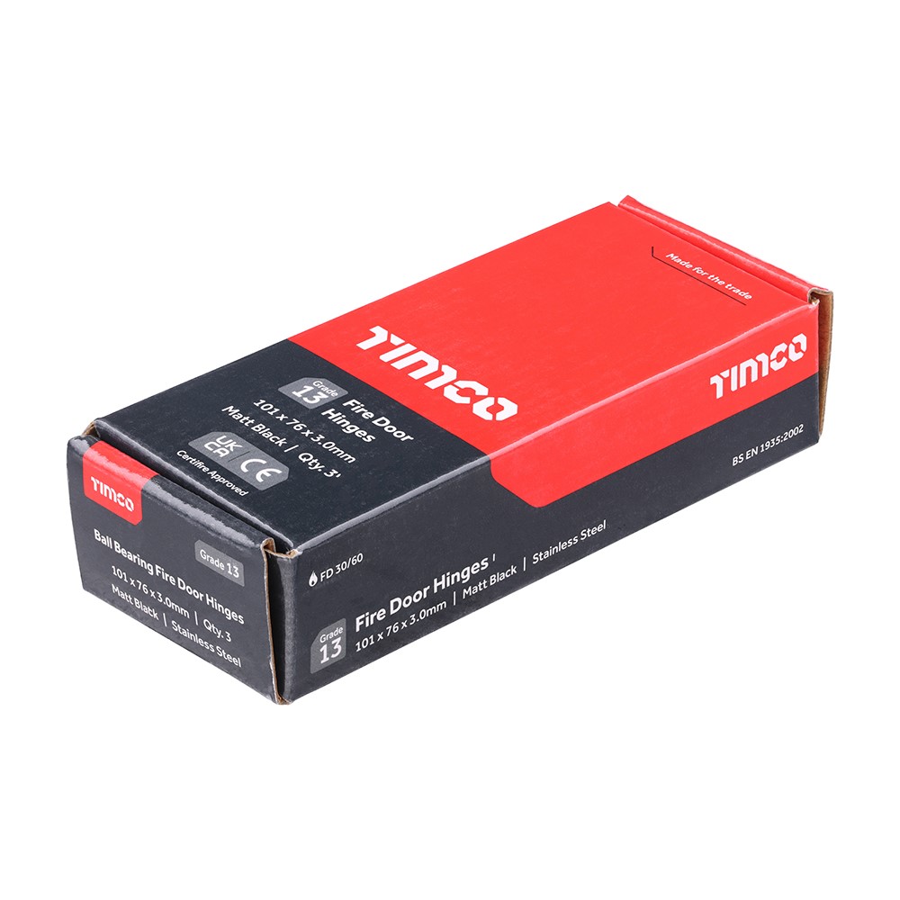 TIMCO Grade 13 Fire Door Hinges - Matt Black Stainless Steel 101 x 76 x 3mm (3 Pack)