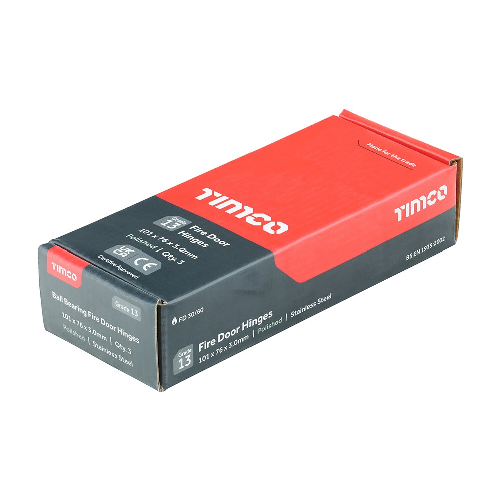TIMCO Grade 13 Fire Door Hinges - Polished Stainless Steel 101 x 76 x 3mm (3 Pack)