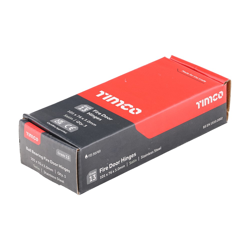 TIMCO Grade 13 Fire Door Hinges - Satin Stainless Steel 101 x 76 x 3mm (3 Pack)